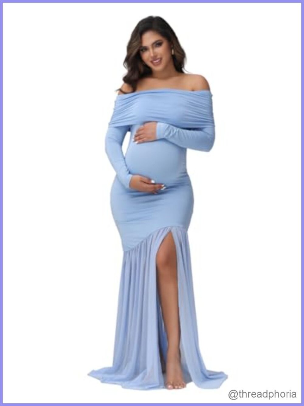 Maternity Off Shoulder Long Sleeve Maxi Dress Mesh Panel Split Mermaid Baby